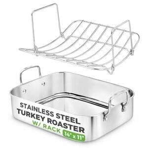 NutriChef Stainless Steel Roasting Pan 14" x 11" Turkey Roaster Pan and Rack